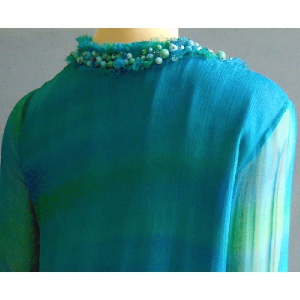 Dana Buchman Silk Aqua Beaded Tunic Dress 12 - Picture 5 of 7